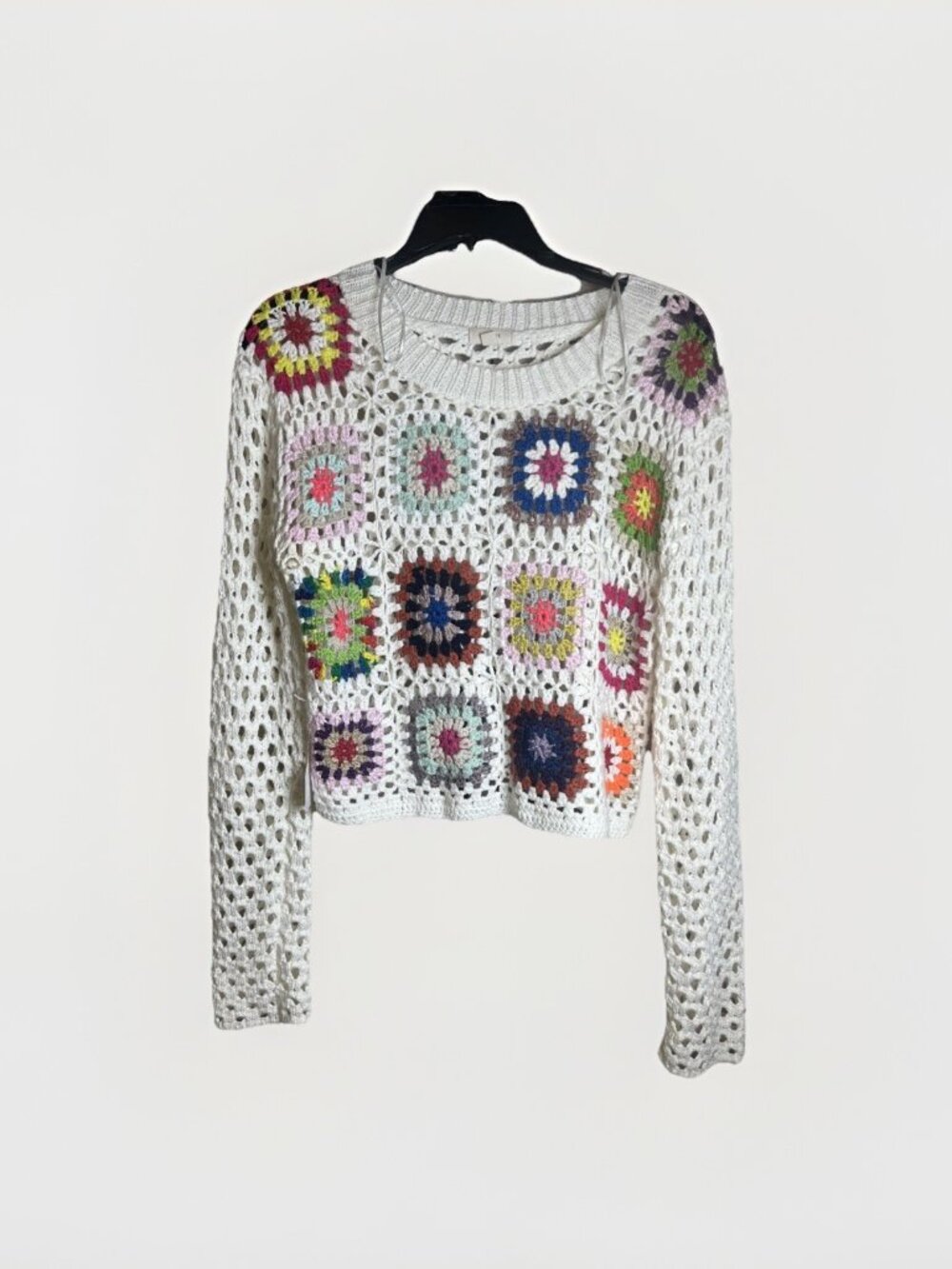 Debut Crochet Sweater Women’s Sz M CottageCore Granny Squares Patchwork Crop Top